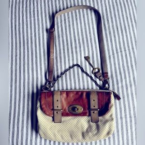 Fossil brown and off white leather crossbody purse - lots of compartments.
